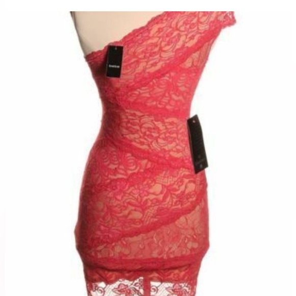 Bebe One Shoulder Lace Bandage Bodycon Dress S Bright Coral Pink NWT - Picture 9 of 14